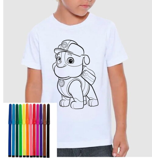 Camiseta para Colorir Patrulha Canina Rubble com Canetinha