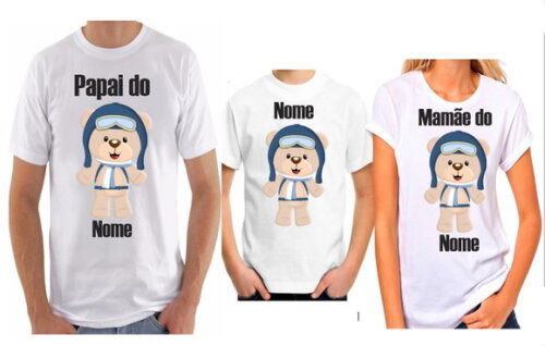 kit familia 3 camisetas tema ursinho aviador promoção
