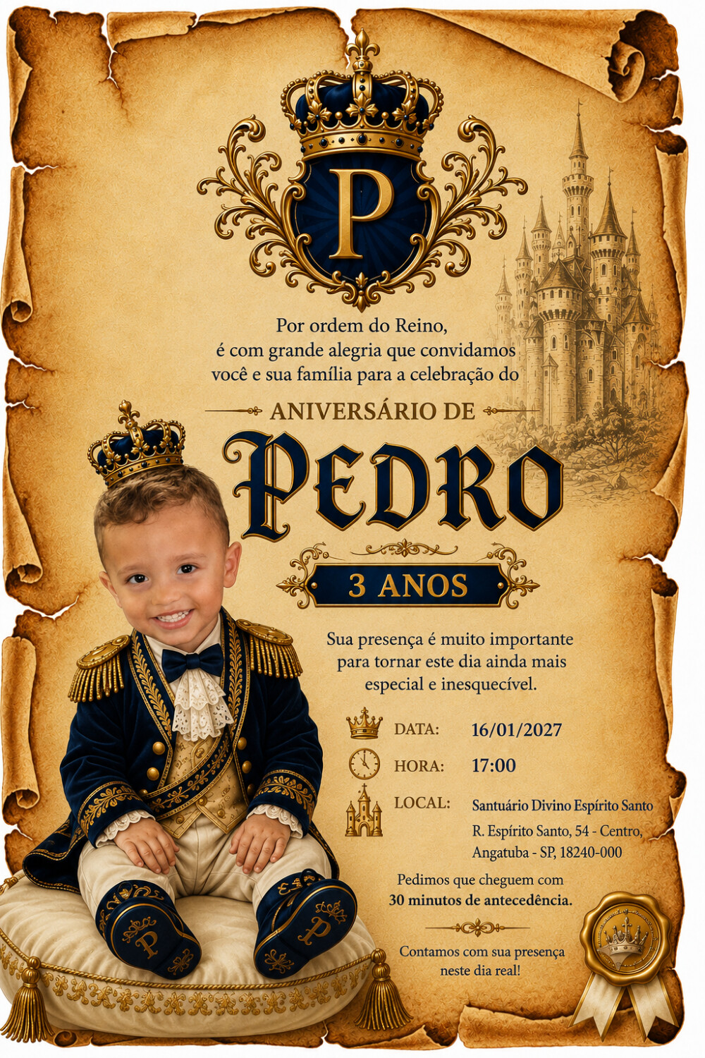 convite príncipe papiro com laço de cetim