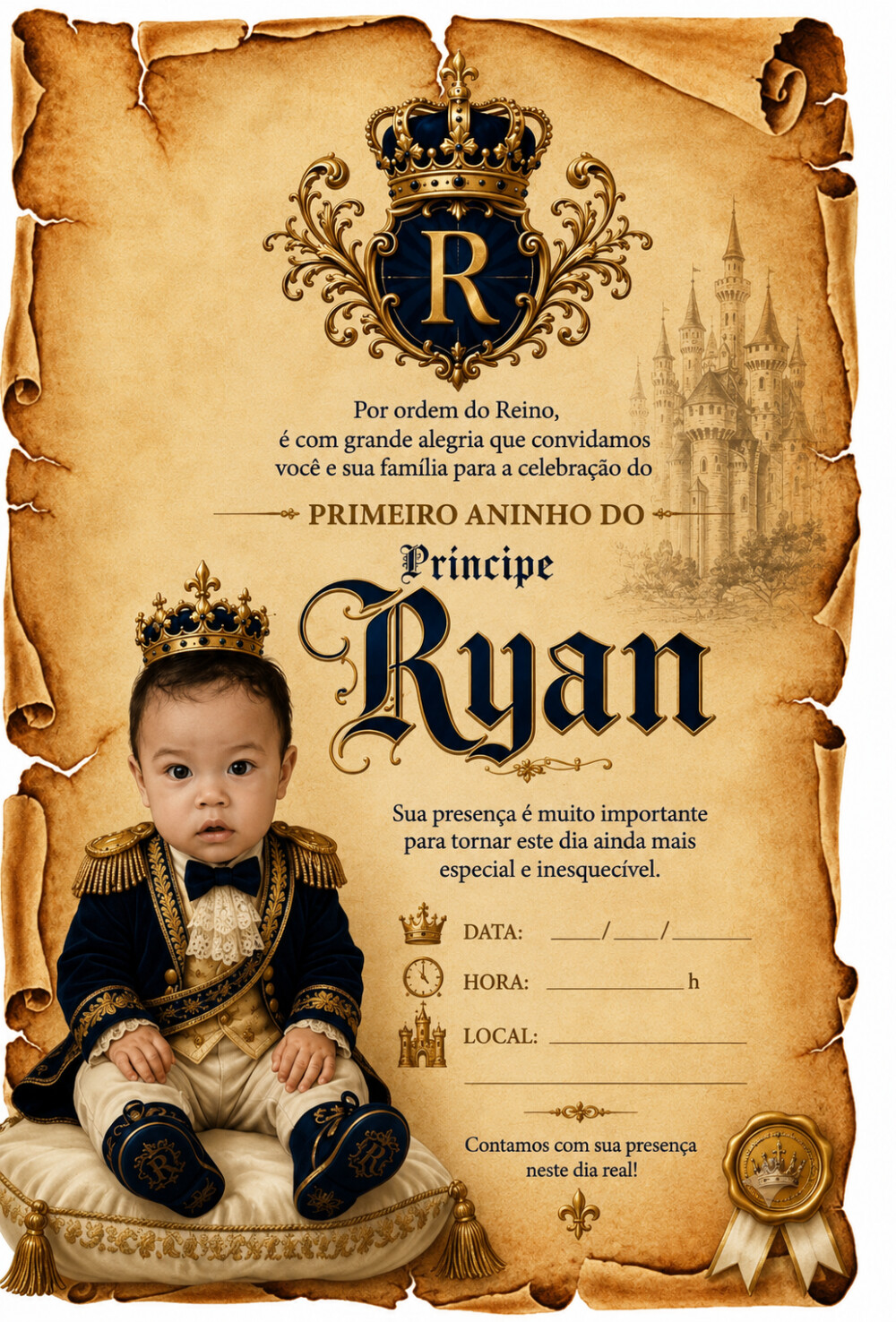 convite príncipe papiro com laço de cetim