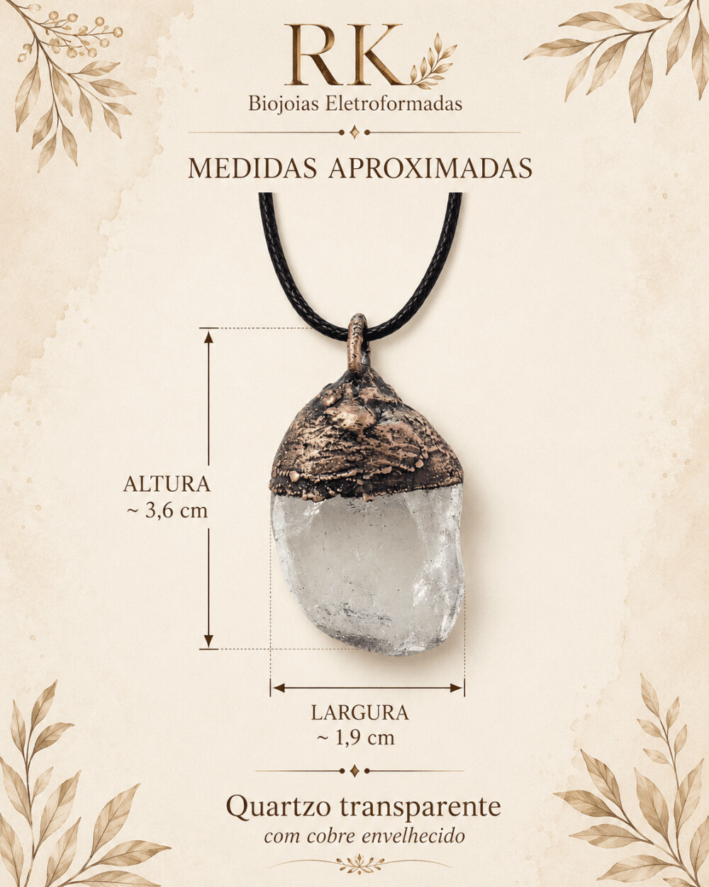 Pingente de Quartzo Transparente Eletroformado em Cobre com Cord?