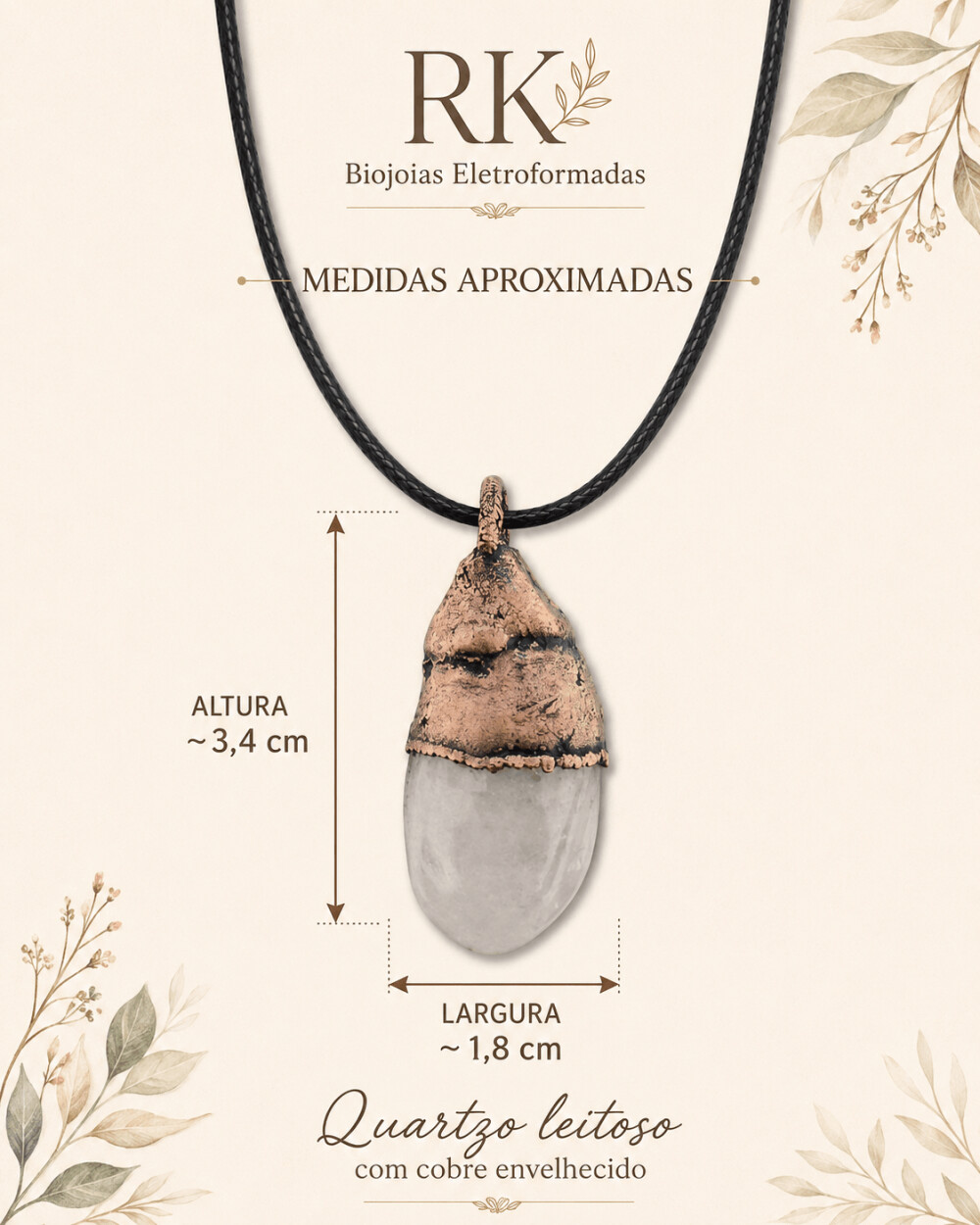 Pingente de Quartzo Leitoso Eletroformado em Cobre com Cordão