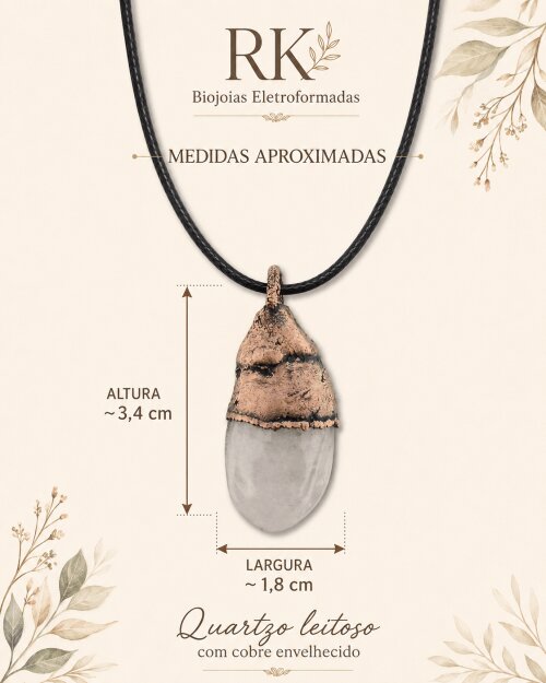 Pingente de Quartzo Leitoso Eletroformado em Cobre com Cordão