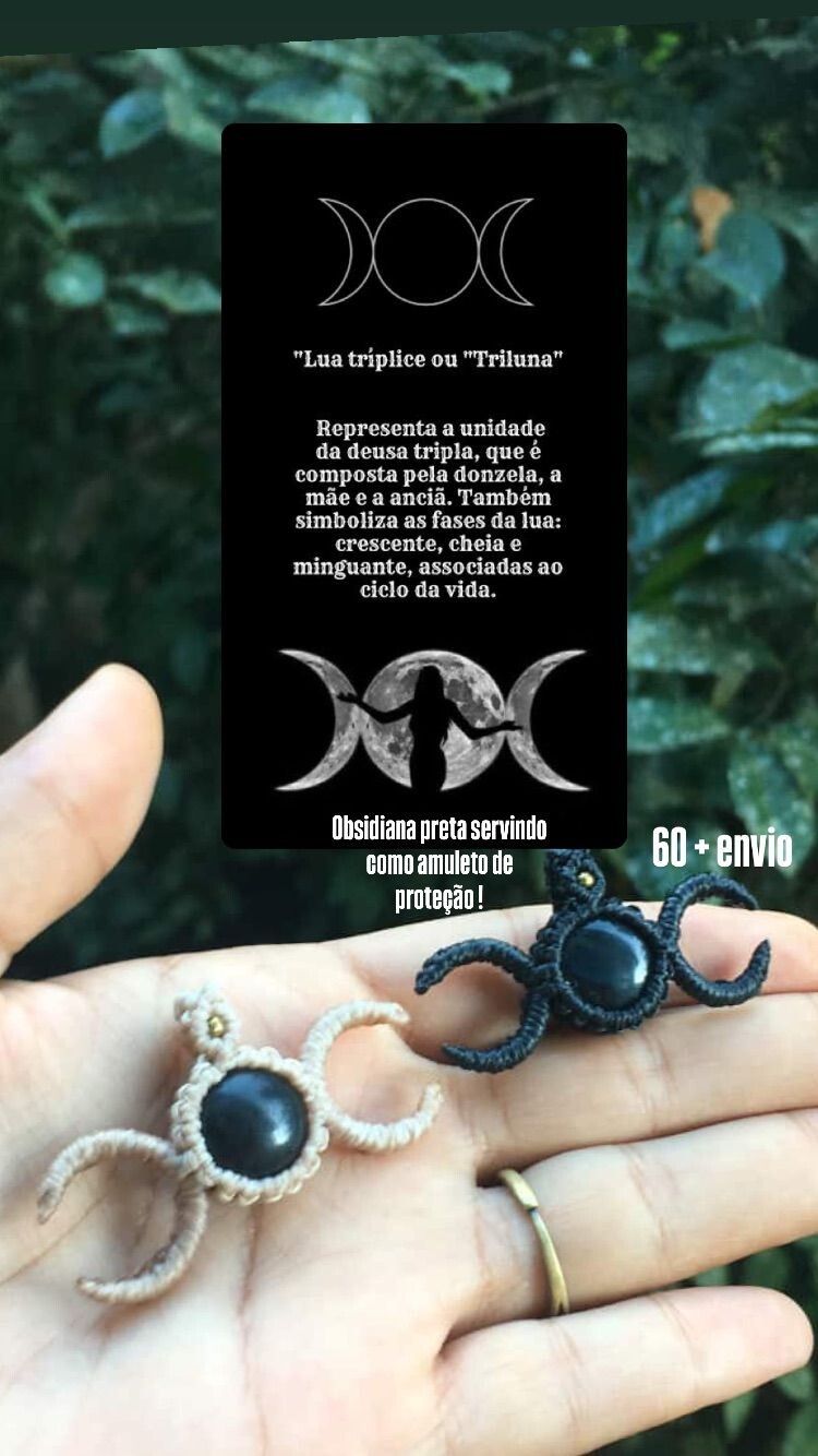 Colar em macrame tríplice lua 🌙 com pedra obsidiana preta - c