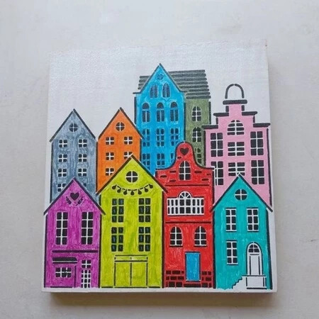 Quadro Pintado a Mão, Artesanal, Cidade Colorida.