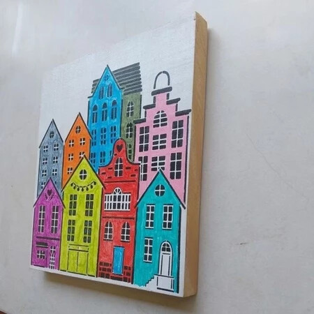 Quadro Pintado a Mão, Artesanal, Cidade Colorida.