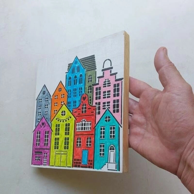 Quadro Pintado a Mão, Artesanal, Cidade Colorida.