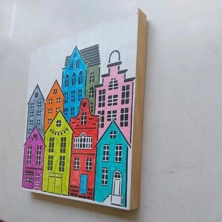 Quadro Pintado a Mão, Artesanal, Cidade Colorida.