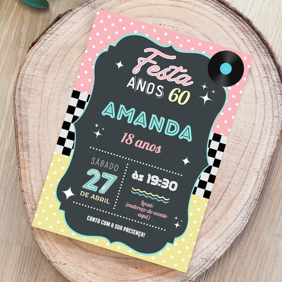 Convite Anos 60 14x10cm