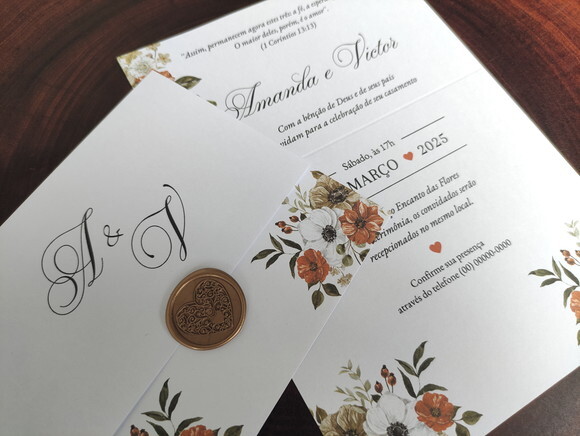 Convite de Casamento Floral Terracota com Lacre de Cera