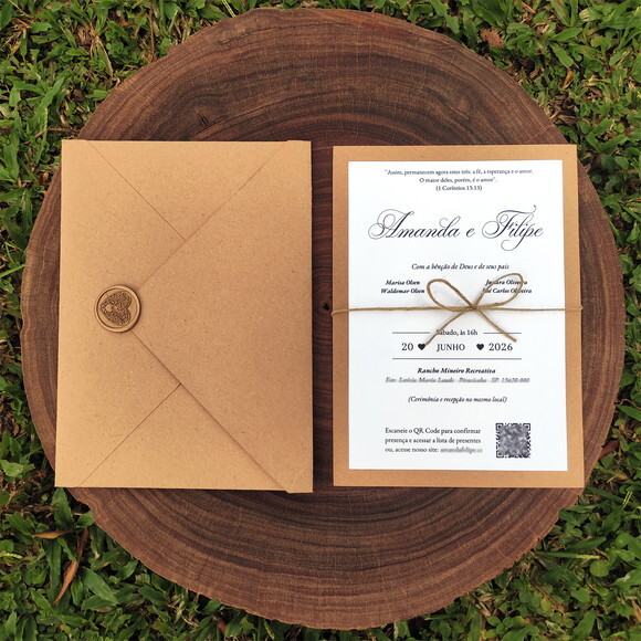 Convite de Casamento Kraft Rustico + Envelope