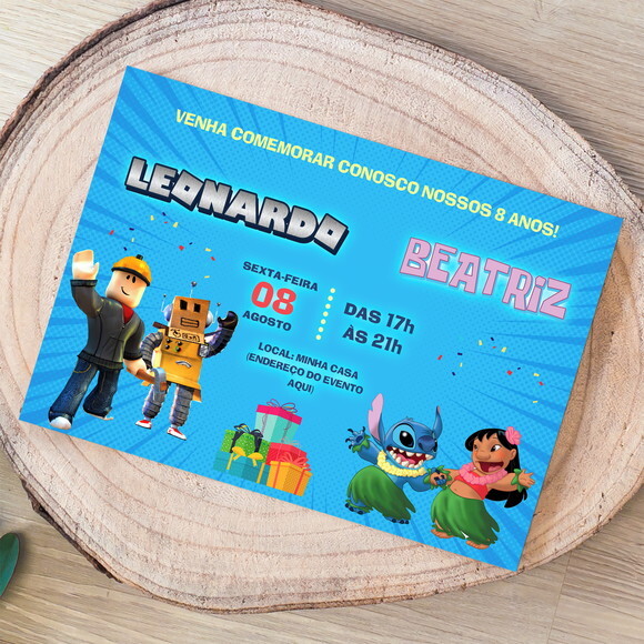 Convite Digital 2 Temas - Lilo & Stitch e Roblox