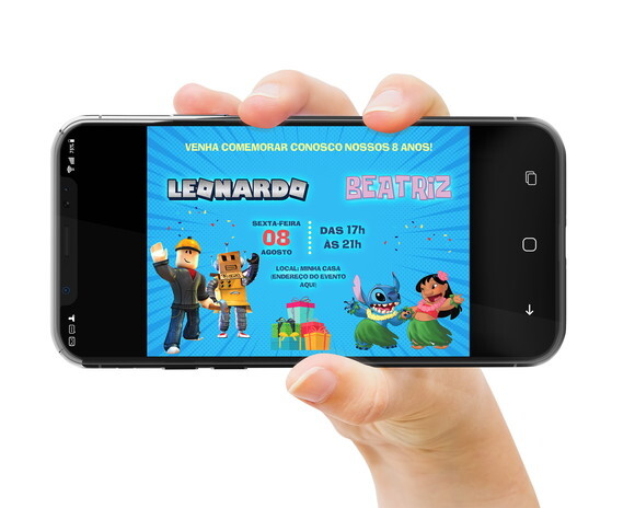Convite Digital 2 Temas - Lilo & Stitch e Roblox