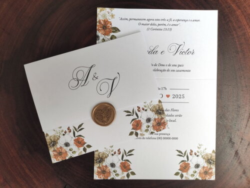 Convite de Casamento Floral Terracota com Lacre de Cera