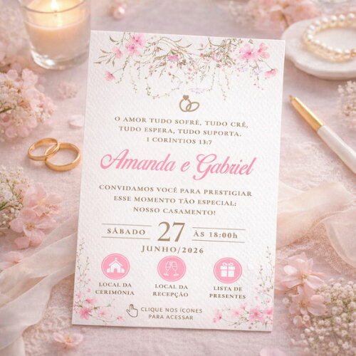 Convite de Casamento Digital Interativo - Floral Rosa