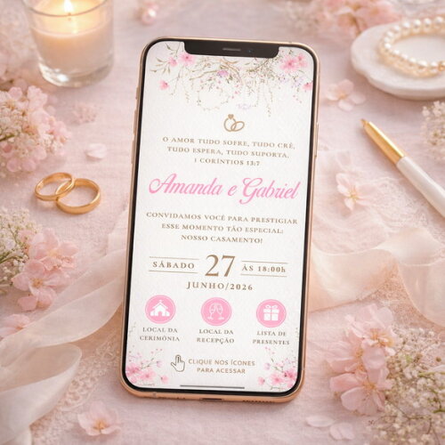 Convite de Casamento Digital Interativo - Floral Rosa