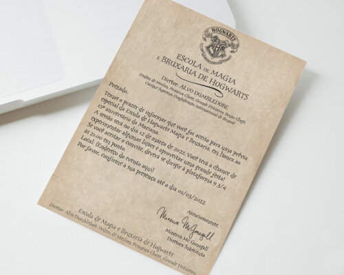 Convite Digital Carta de Hogwarts Harry Potter
