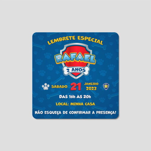 Lembrete de Aniversário Patrulha Canina - Arquivo Digital