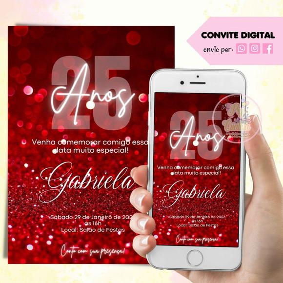 Convite Digital 25 Anos Glitter Vermelho