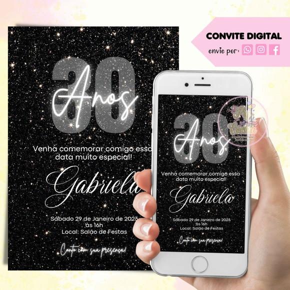 Convite Digital 30 Anos Preto e Glitter Prata