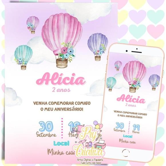 Convite Digital Balão de Ar Rosa