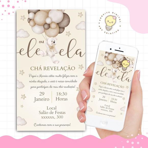 Convite Digital Chá Revelação Ursinho Neutro