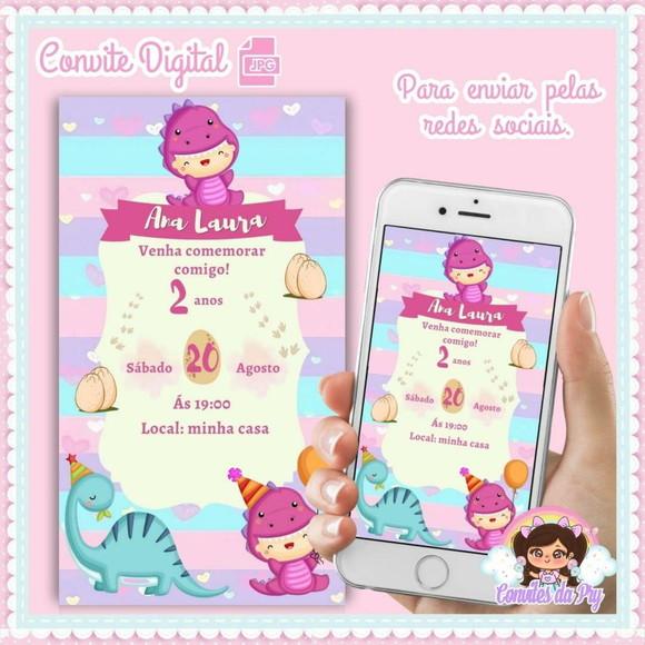 Convite Digital Dinossauro Baby Rosa