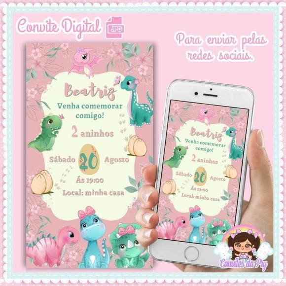 Convite Digital Dinossauro Baby Rosa