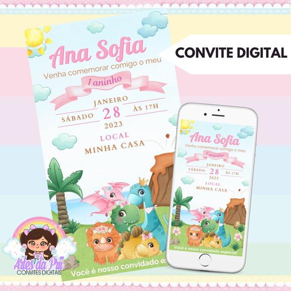 Convite Digital Dinossauro Baby Rosa
