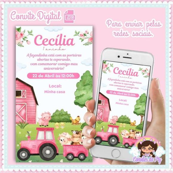 Convite Digital Fazendinha Rosa Aquarela