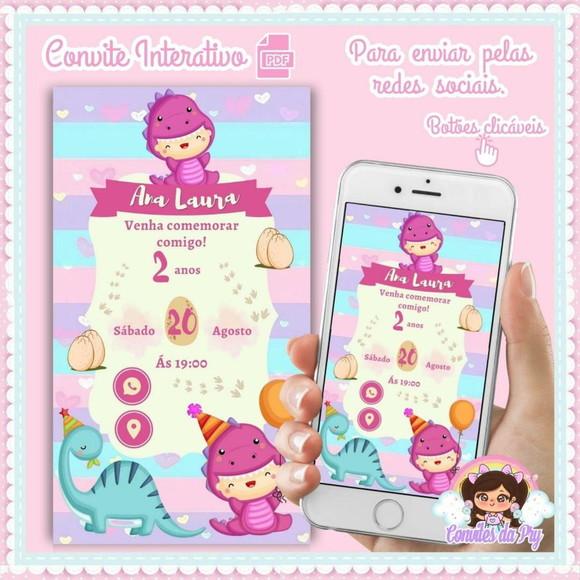 Convite Digital Interativo Dinossauro Baby Rosa