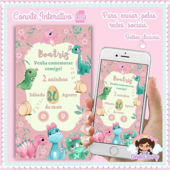 Convite Digital Interativo Dinossauro Baby Rosa