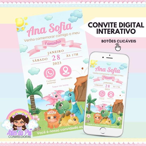 Convite Digital Interativo Dinossauro Baby Rosa