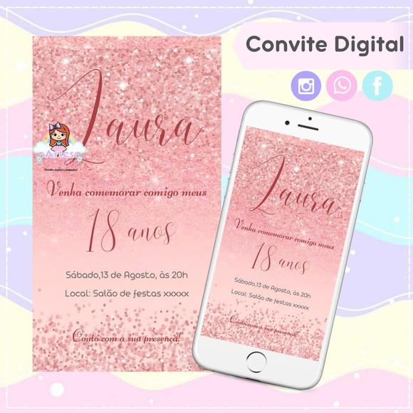 Convite Digital Rosa Glitter 18 Anos