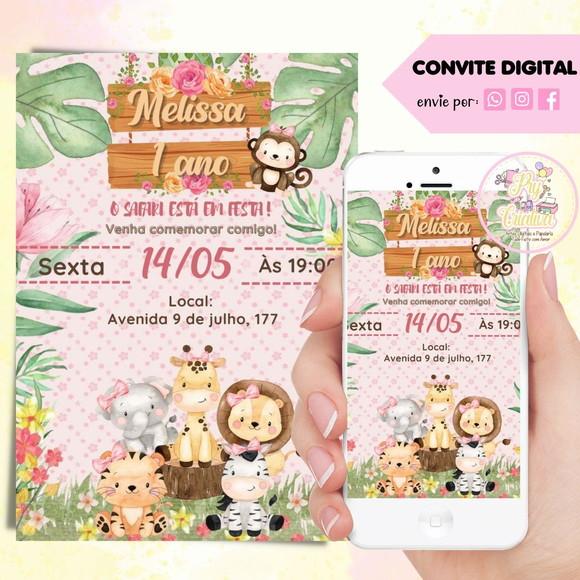 Convite Digital Safari Baby Rosa