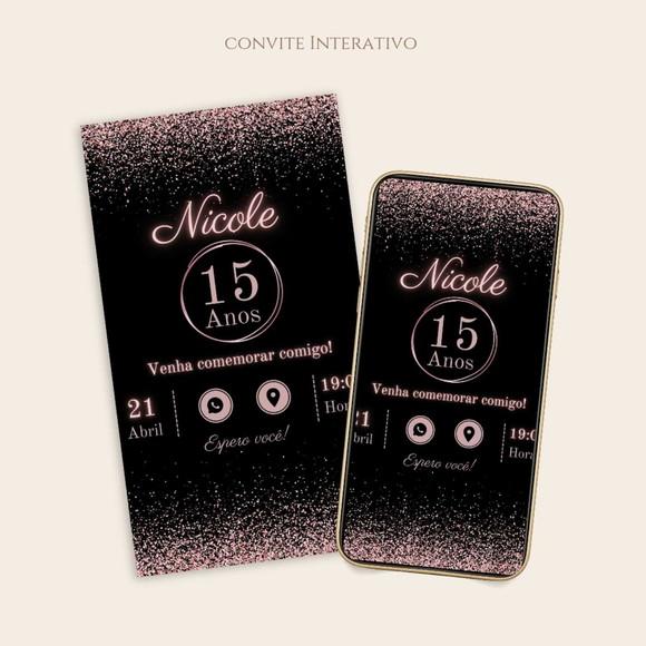 Convite Interativo 15 Anos Preto e Rosa