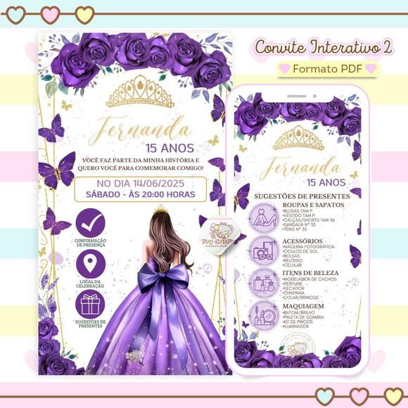 Convite Interativo 15 Anos Roxo com Sugestão de Presentes