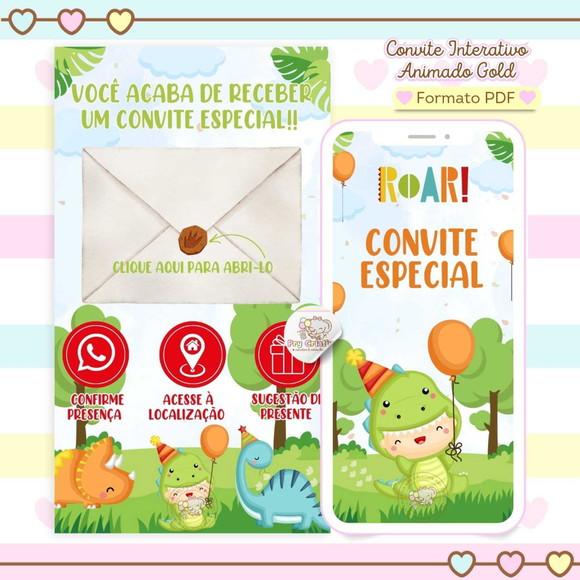 Convite Interativo Animado Gold Dinossauro Baby