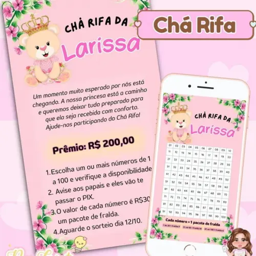 Convite Chá Rifa Ursinha Princesa Digital