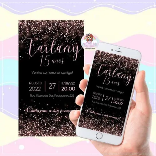 Convite Digital 15 Anos Preto e Glitter Rosa