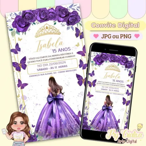 Convite Digital 15 Anos Roxo Debutante