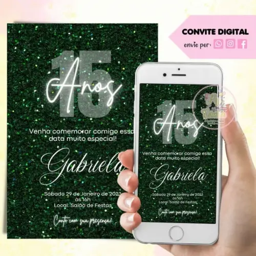 Convite Digital 15 Anos Preto e Glitter Verde