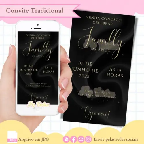 Convite Digital 25 Anos Preto e Dourado