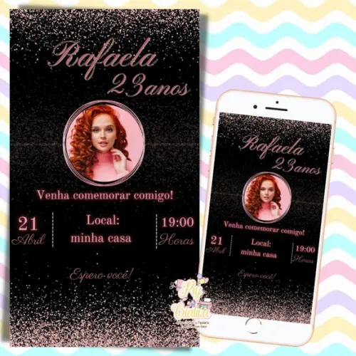 Convite Digital 23 Anos Preto e Rosa Glitter
