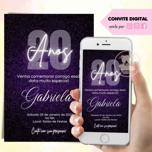 Convite Digital 20 Anos Preto e Glitter Roxo