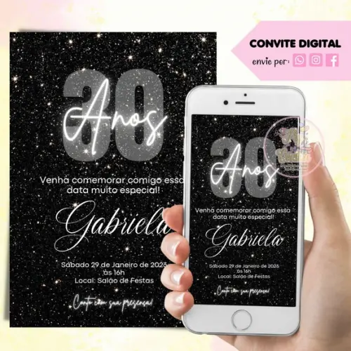 Convite Digital 30 Anos Preto e Glitter Prata