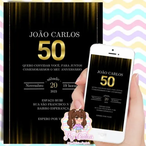 Convite Digital 50 Anos Preto e Dourado