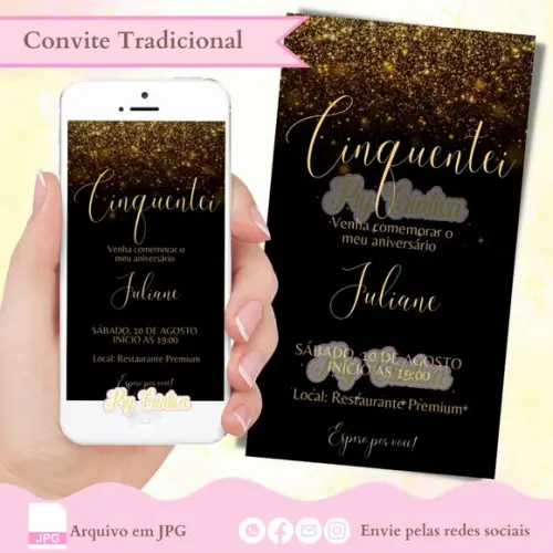 Convite Digital 50 Anos Preto e Dourado
