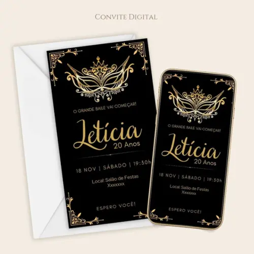 Convite Digital Adulto Feminino Baile de Máscaras