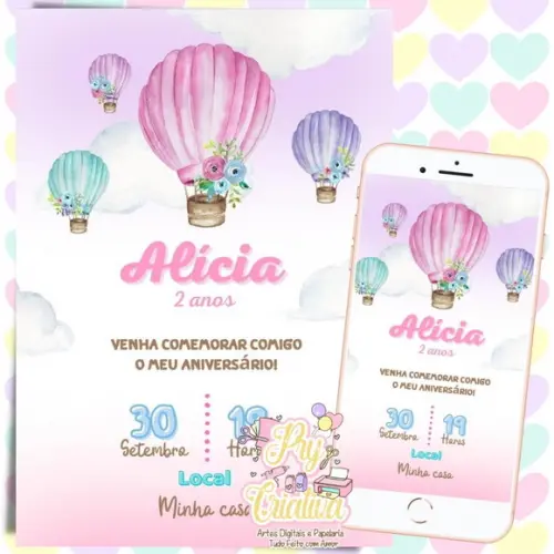Convite Digital Balão de Ar Rosa
